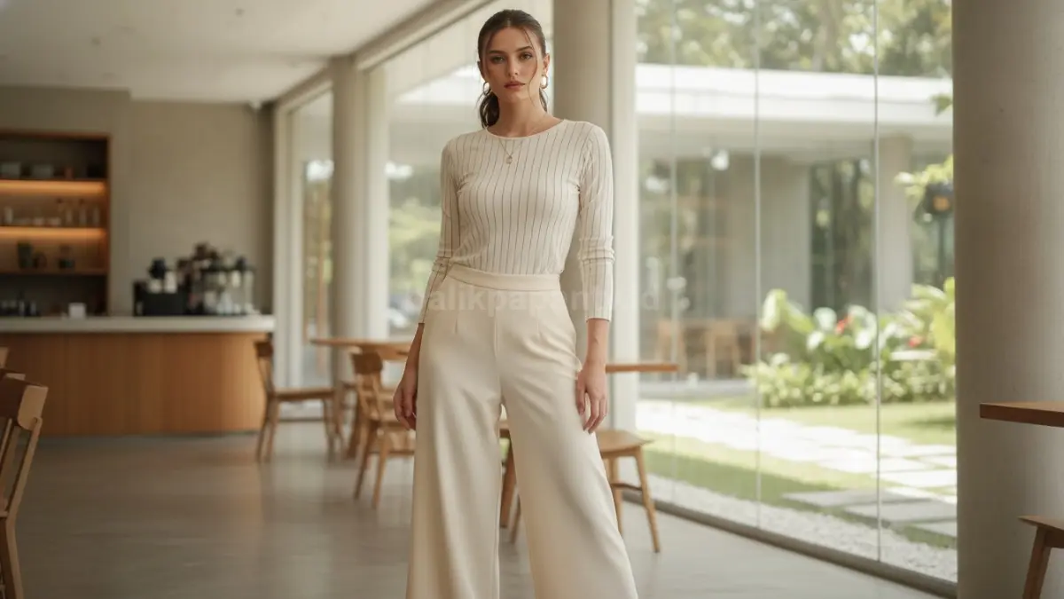 Kemeja fitted garis tipis dan kulot cream bantu tubuh terlihat tinggi lembut modern elegan harian. (BTV/AI)
