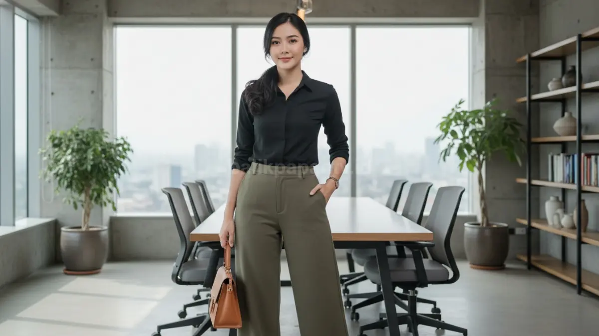Kemeja fitted hitam dan kulot olive hadirkan gaya dewasa rapi untuk meeting santai modern. (BTV/AI)