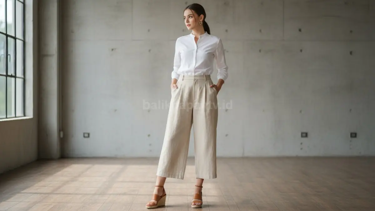 Kemeja fitted putih dan kulot beige high waist tampil bersih modern cocok dipakai aktivitas harian. (BTV/AI)