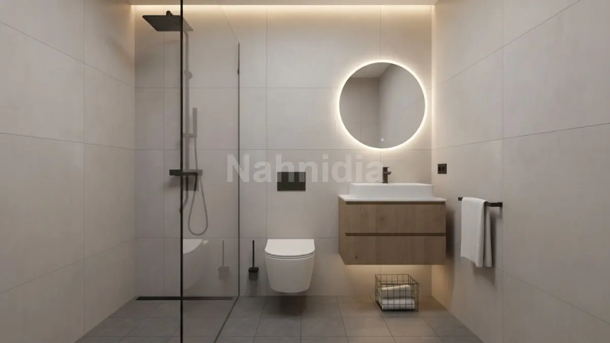 Kloset compact modern warna putih di kamar mandi apartemen minimalis dengan ruang gerak tetap lega