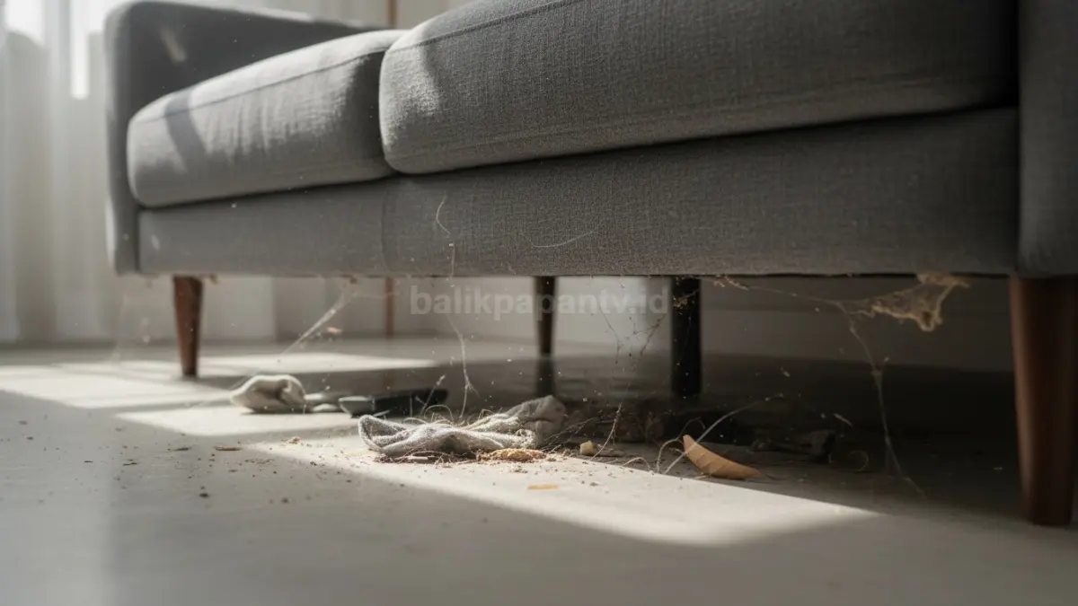 Kolong sofa rumah minimalis yang dipenuhi debu sebelum dibersihkan secara rutintamu

