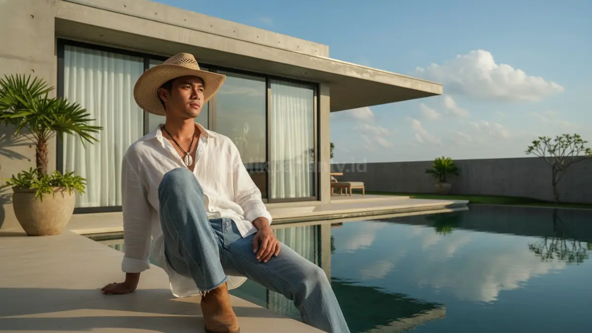 Kombinasi kemeja linen oversized dan denim lurus ala coastal cowboy yang ringan dipakai
