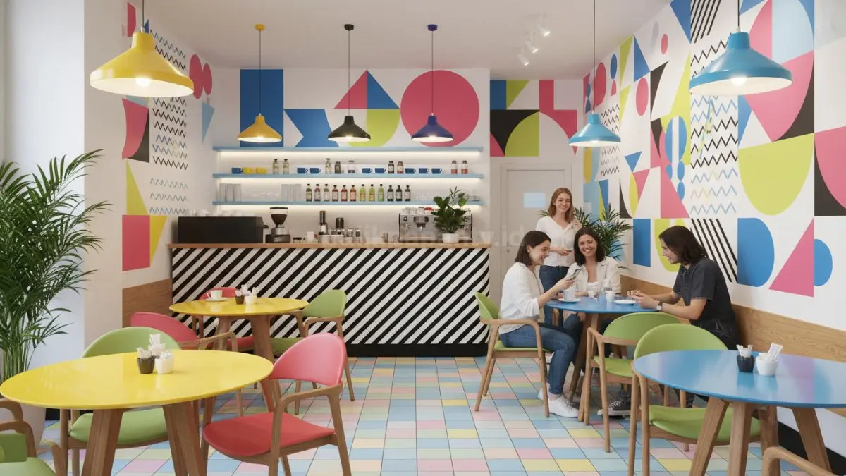 Kombinasi plastik glossy dan kayu matte menghadirkan suasana kafe urban hangat, modern, playful, sekaligus estetik menarik.