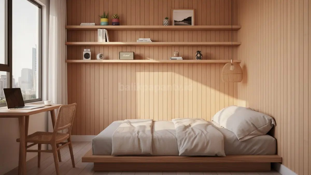 Kombinasi wall panel PVC dan rak tempel membuat kamar multifungsi tampil rapi, estetik, sekaligus hemat ruang.