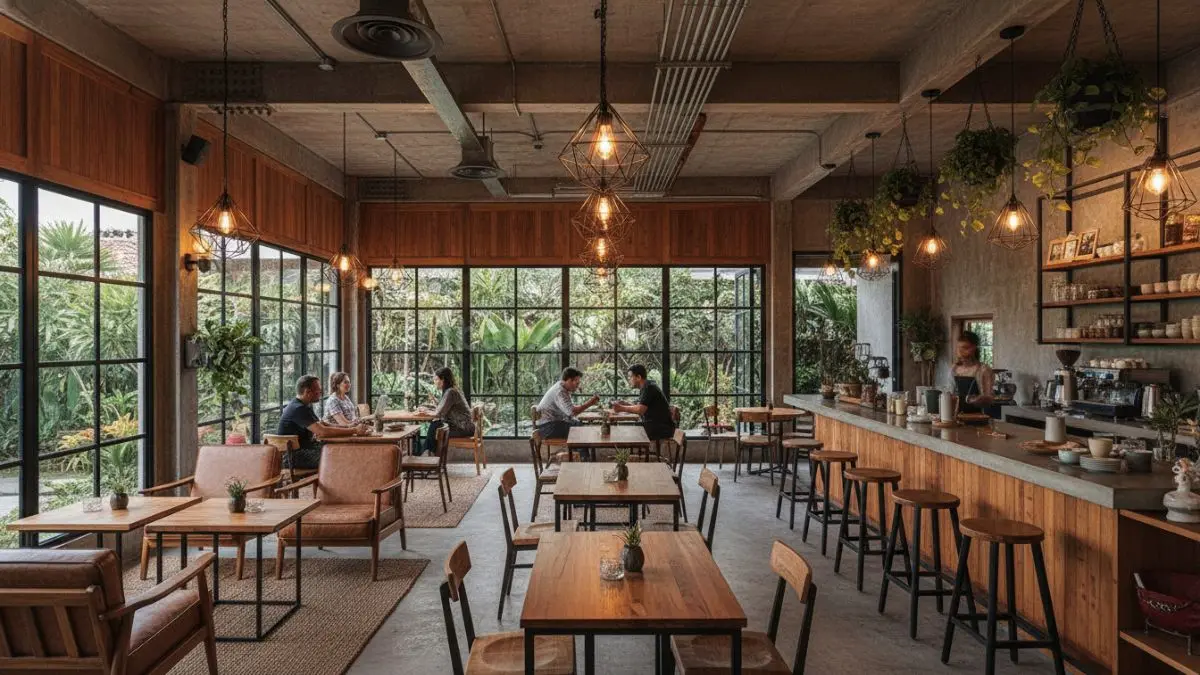 Lampu gantung besi bercahaya warm white membuat interior kayu terasa hangat, elegan, nyaman, dan lebih hidup.