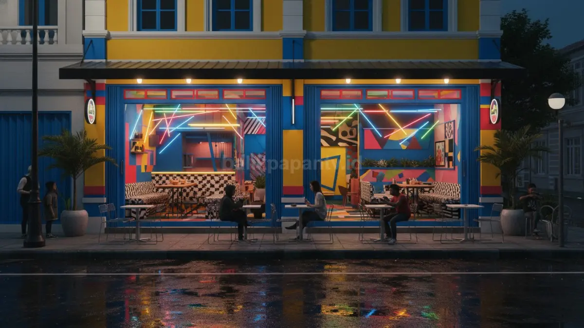 Lampu neon menciptakan suasana malam hangat, estetik, dan menarik perhatian pengunjung kafe.