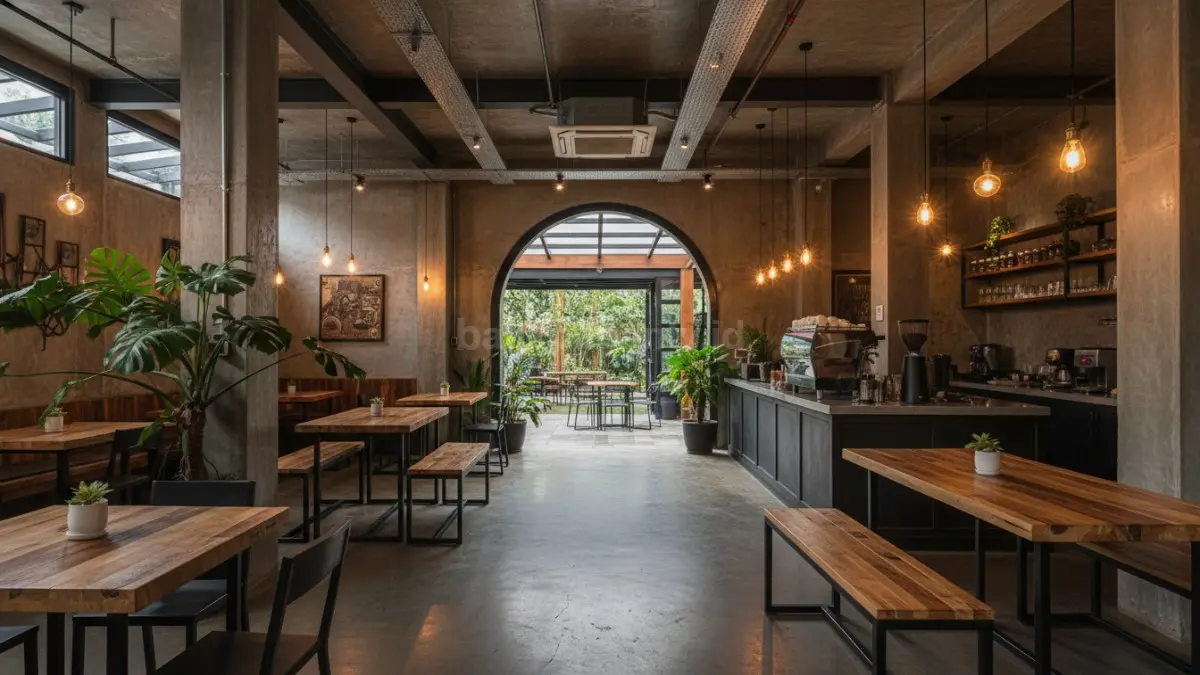 Lantai beton matte dan meja kayu rustic menghadirkan coffee shop semi outdoor nyaman, aman, tahan operasional sibuk.