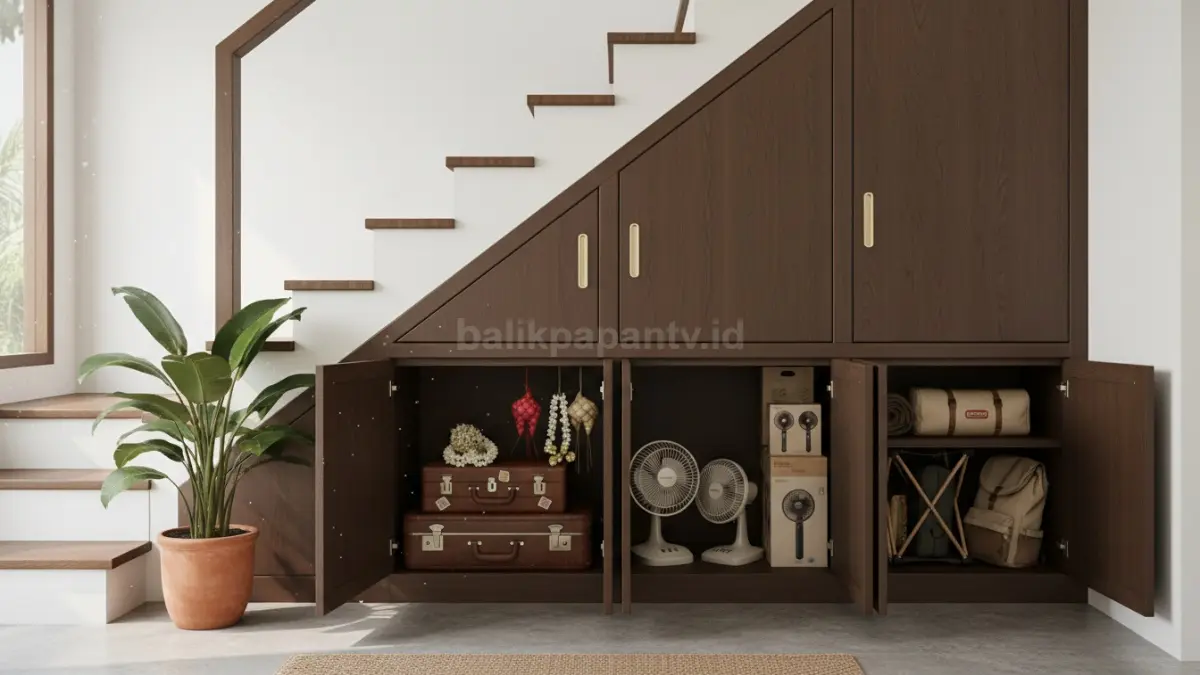 Lemari bawah tangga multifungsi membantu menyimpan barang musiman agar rumah tetap rapi modern 2026. (BTV/AI)
