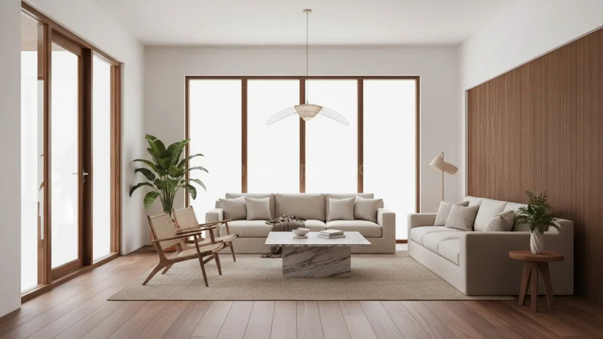 Material natural seperti walnut dan linen membuat cahaya lampu kaca terasa lebih hangat dan elegan.(BTV/AI) 