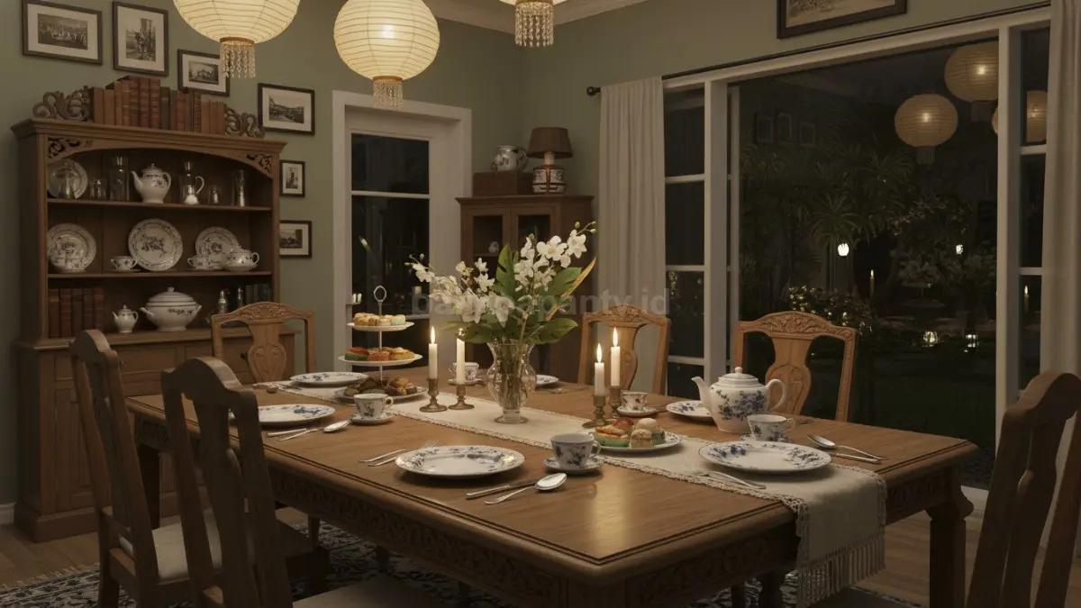 Meja makan vintage modern dengan piring floral klasik dan cahaya hangat untuk dinner party estetik   (BTV/AI) 
