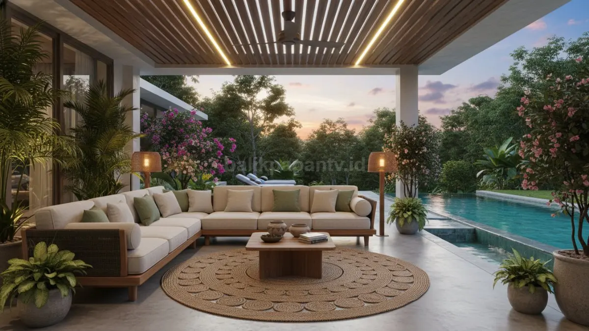 Outdoor living room modern dengan sofa nyaman dan pencahayaan hangat untuk rumah tropis 2026  (BTV/AI) 
