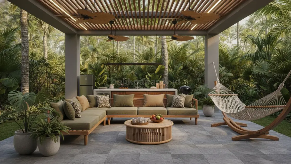 Outdoor living room modern menghadirkan ruang santai adem, nyaman, fleksibel, dan estetik untuk keluarga masa kini. (BTV/AI) 
