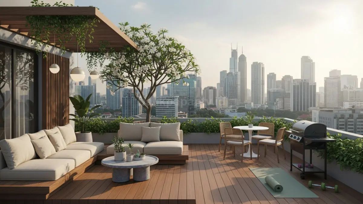 Outdoor space tropis minimalis dengan tanaman hijau dan kursi santai rooftop. (BTV/Ai)