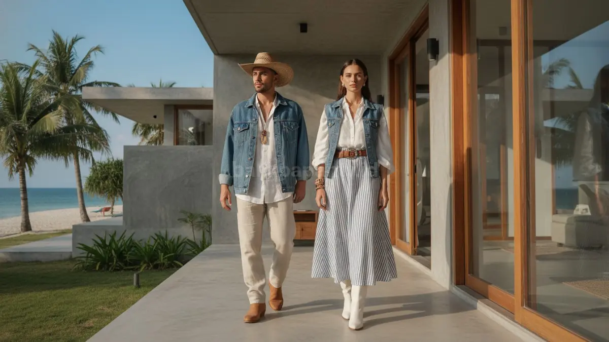 Outfit fashion coastal cowboy dengan denim, linen, dan boots santai untuk gaya harian modern

