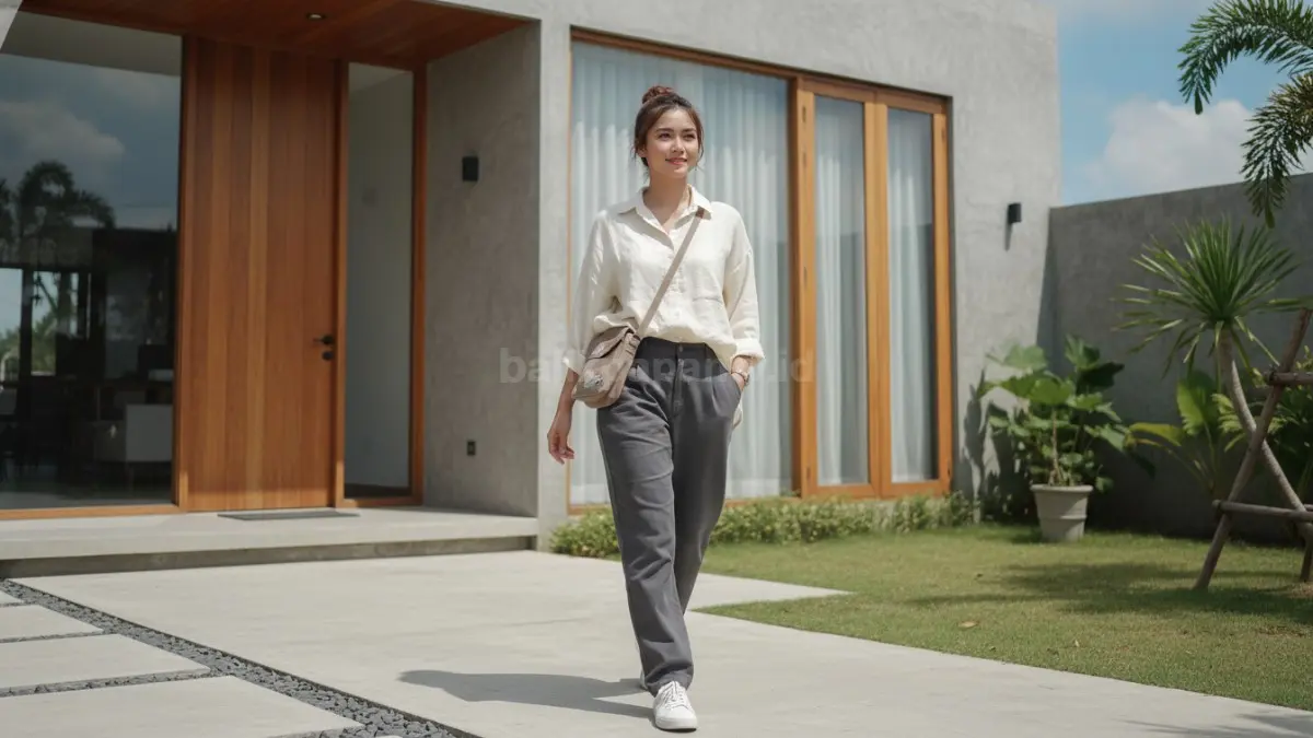 Outfit fashion daily casual warna netral dengan sneakers putih untuk aktivitas harian modern
