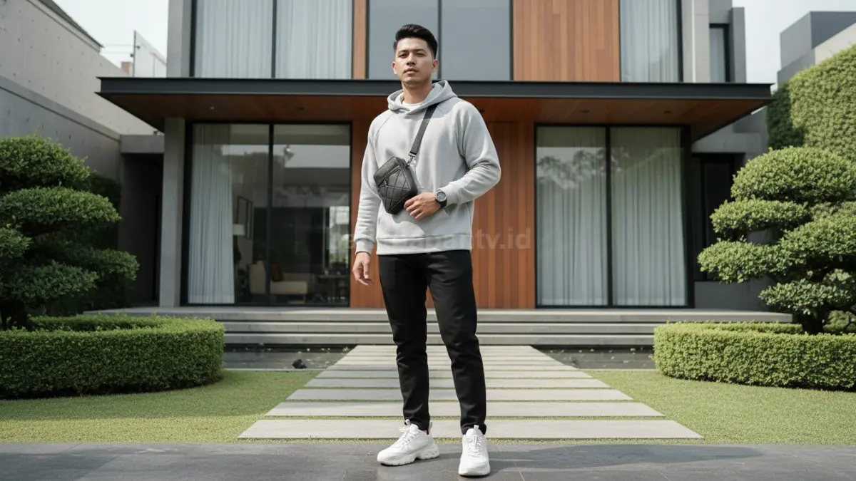 Outfit fashion hypebeast lite dengan hoodie oversized dan sneakers putih modern
