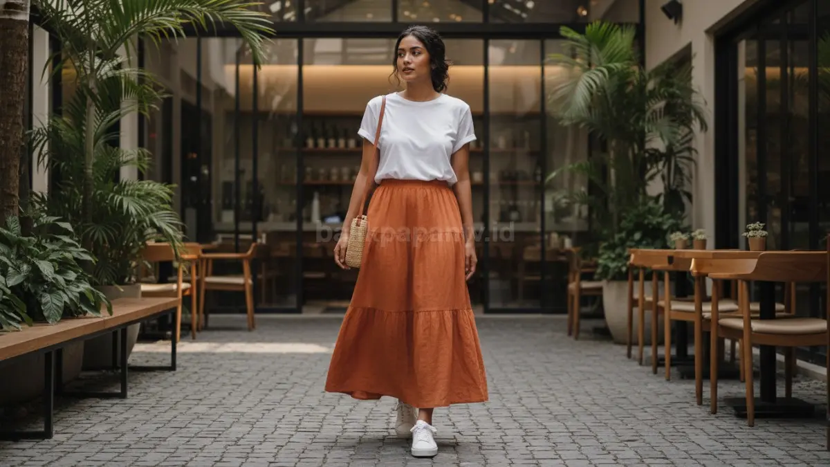 Outfit rok flowy warna earthy dipadukan sneakers putih pada gaya harian wanita modern 2026.  (BTV/AI) 
