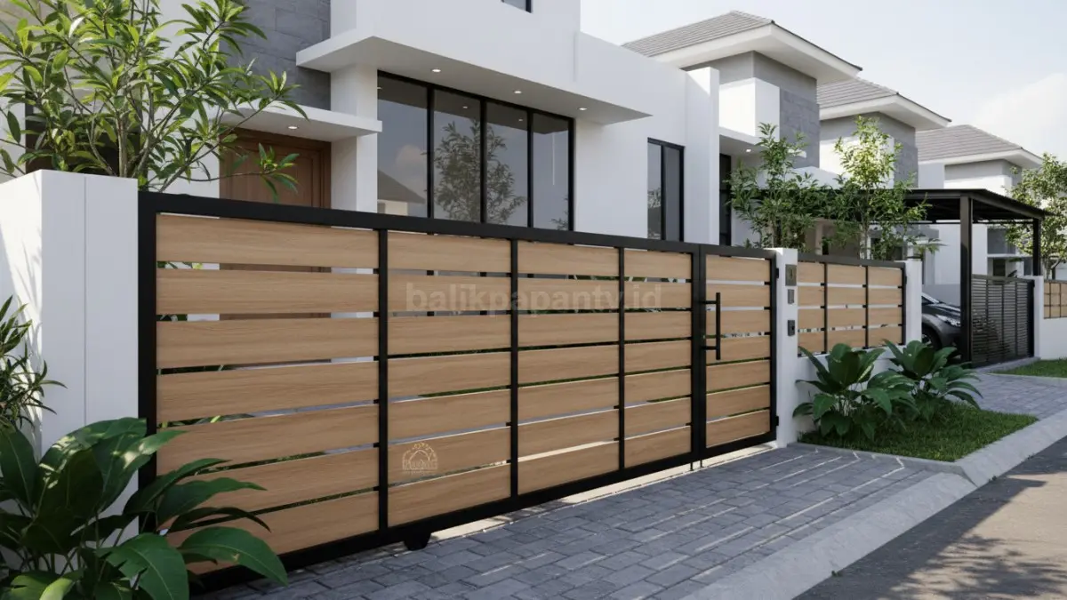 Pagar minimalis besi hitam dan kayu natural membuat fasad rumah modern terlihat elegan dan hangat. (BTV/Ai)