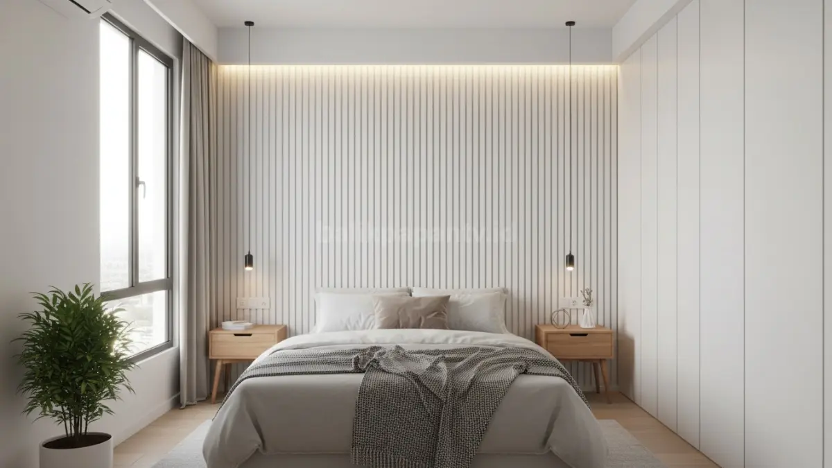 Panel garis vertikal minimalis membuat ruangan terasa tinggi, rapi, modern, cocok dipadukan lampu indirect hangat.