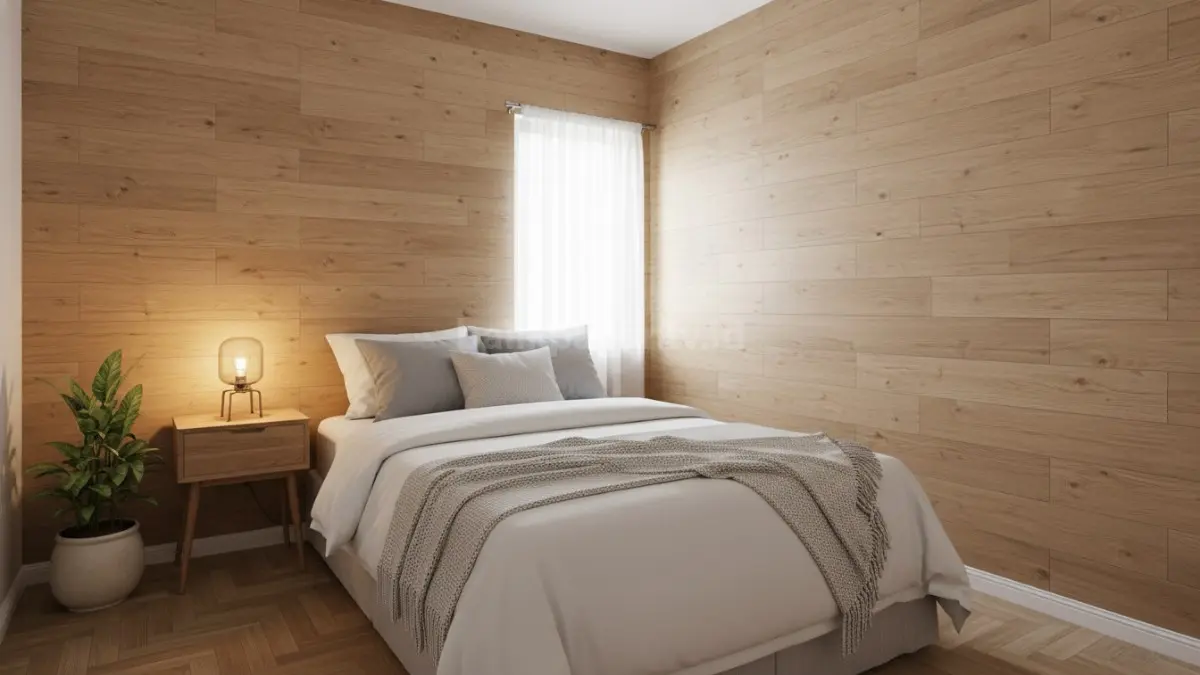 Panel PVC motif kayu natural menciptakan kamar kecil terasa hangat, lega, modern, dan nyaman dipandang
