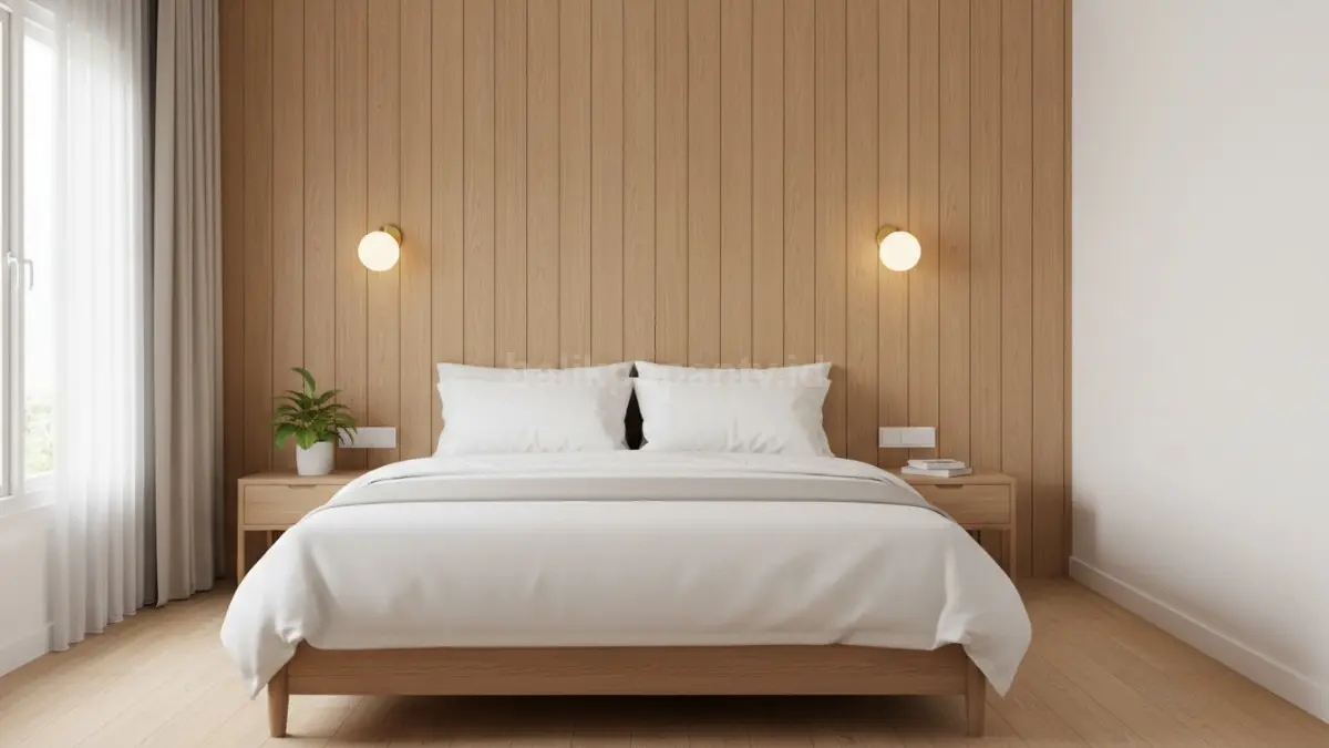 Panel PVC vertikal pada area headboard kamar tidur ukuran kecil