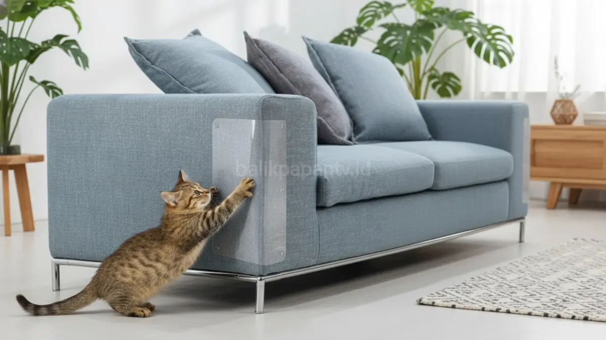 Pelindung plastik transparan konsisten melindungi furnitur dengan mengubah sensasi sentuhan yang tidak disukai kucing peliharaan. (BTV/AI)