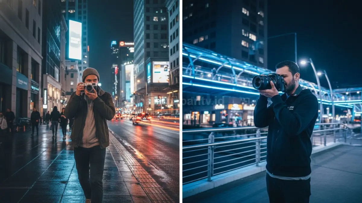 Perbandingan Lumix L10 dan Fujifilm X100VI saat dipakai street photography malam dengan nuansa kota modern. (BTV/Ai)