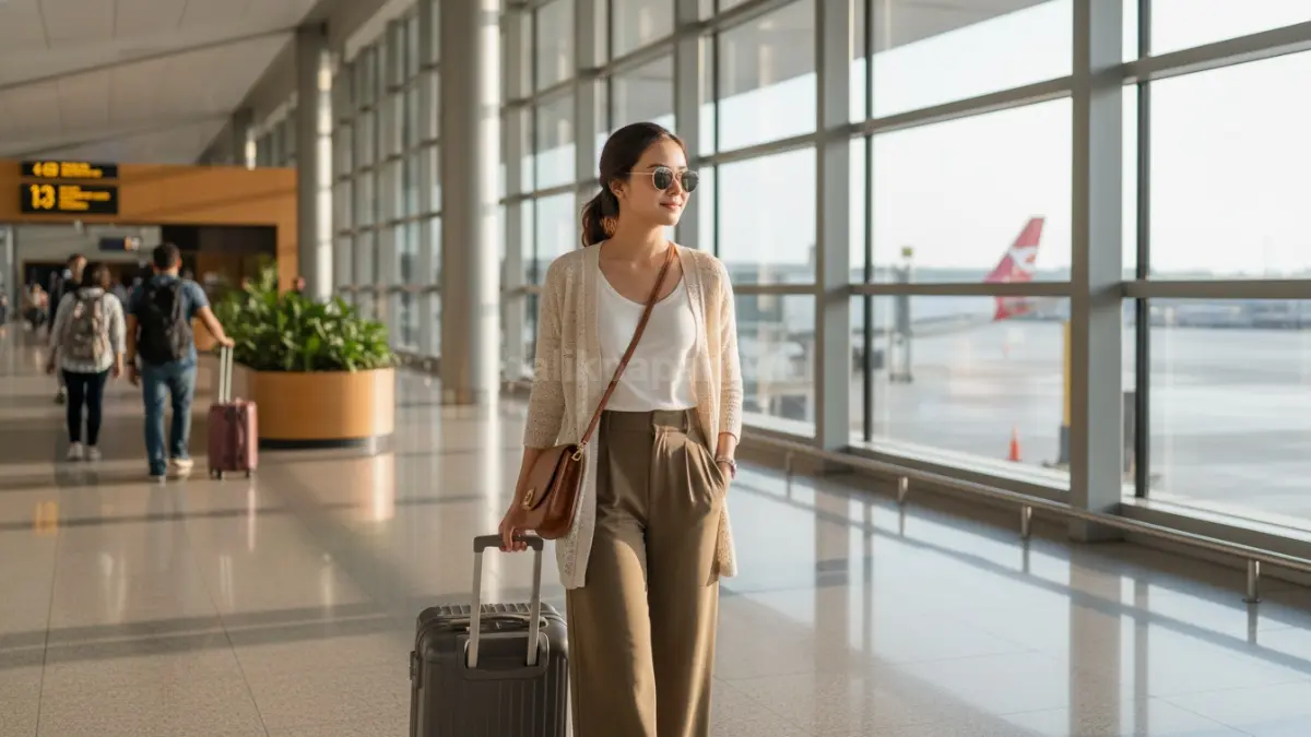 Perempuan memakai cardigan travel ringan tampil santai modern saat berada di area bandara 2026. (BTV/AI)
