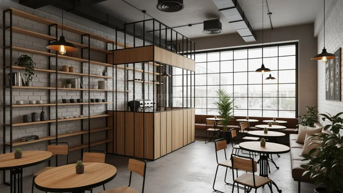 Perpaduan baja hitam doff dan kayu oak terang membuat kafe kecil terasa luas, rapi, modern, nyaman.