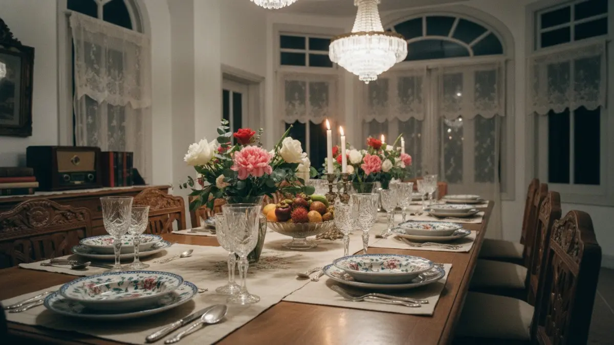 Piring floral vintage dan gelas kristal klasik membuat meja makan modern terasa hangat dan elegan.  (BTV/AI) 
