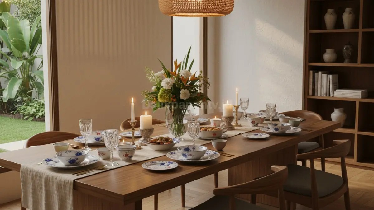 Piring keramik floral klasik cocok dipadukan interior Japandi dan rumah minimalis modern 2026 elegan hangat.  (BTV/AI) 
