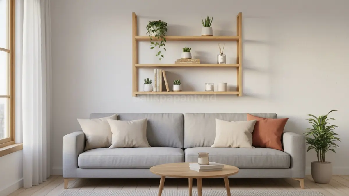 Rak ambalan kayu di atas sofa ruang tamu (BTV/Ai)