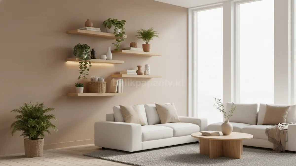 Rak ambalan kayu estetik di ruang tamu minimalis dengan tanaman kecil dan dekorasi hangat modern (BTV/Ai)