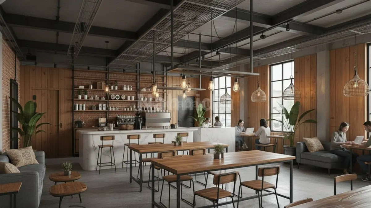 Rak baja tipis berpadu tanaman indoor monstera menciptakan suasana industrial segar, hangat, dan nyaman modern.