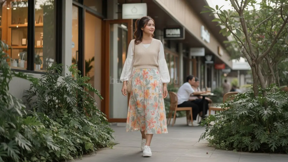 Rok floral flowy dan vest rajut tipis hadirkan gaya feminin hangat ala Korea modern 2026. (BTV/AI)