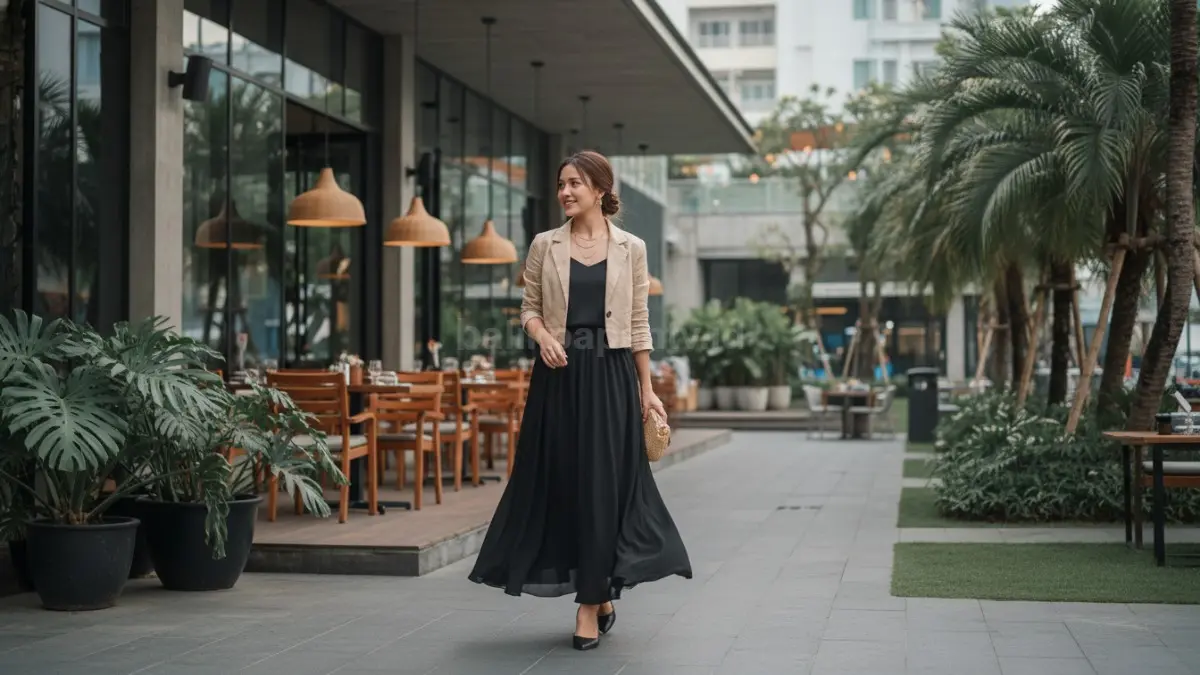 Rok flowy hitam dan blazer linen pendek tampil elegan ringan untuk makan malam kasual modern.  (BTV/AI)