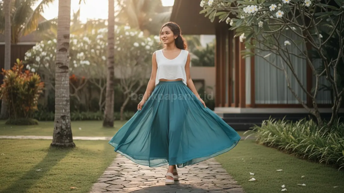 Rok flowy kembali populer karena nyaman, ringan, fleksibel dipakai seharian, sekaligus memberi tampilan feminin modern elegan. (BTV/AI) 
