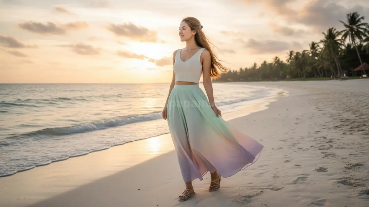 Rok flowy pastel dan sandal tali minimalis tampil segar lembut untuk liburan musim panas 2026.  (BTV/AI)