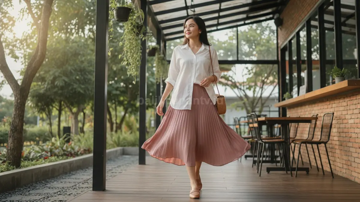 Rok plisket flowy dan oversized shirt ciptakan tampilan jenjang santai rapi untuk aktivitas semi formal.   (BTV/AI)