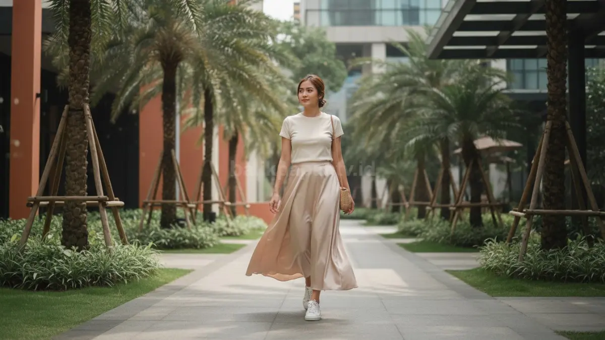 Rok satin flowy dan kaos fitted netral bikin tampilan santai elegan tetap modern sepanjang hari. (BTV/AI)