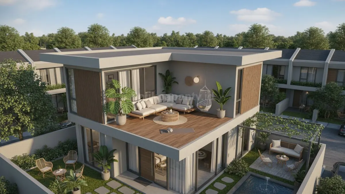 Rooftop rumah modern dengan area santai outdoor dan pencahayaan hangat malam hari. (BTV/Ai)