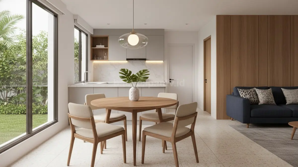 Ruang makan kecil modern dengan meja bundar compact dan lampu gantung warm white elegan (BTV/Ai)
