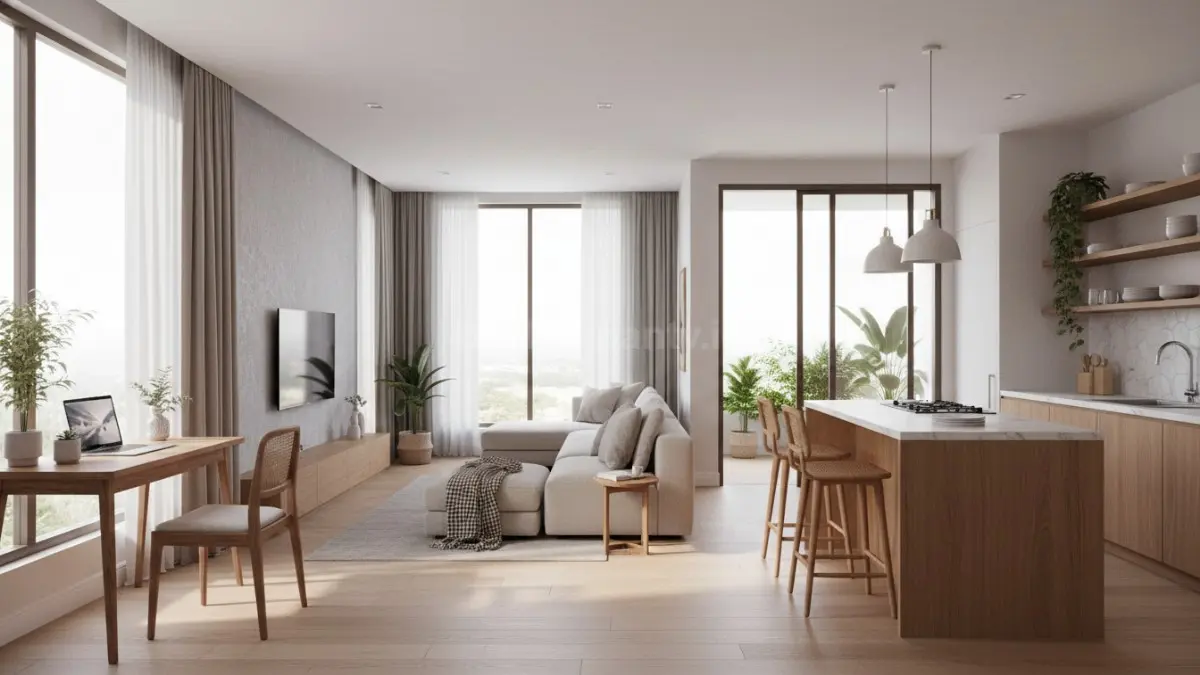 Ruang open space modern dengan dapur menyatu ruang keluarga dan pencahayaan alami luas. (BTV/Ai)