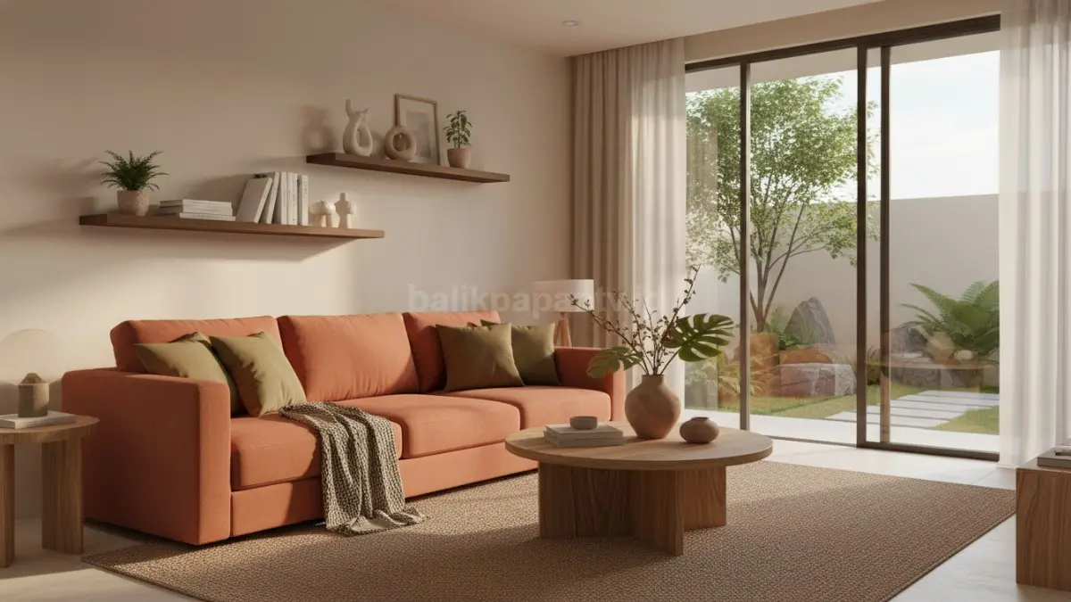 Ruang tamu compact memakai material kayu alami dan furnitur rounded modern. (BTV/Ai)