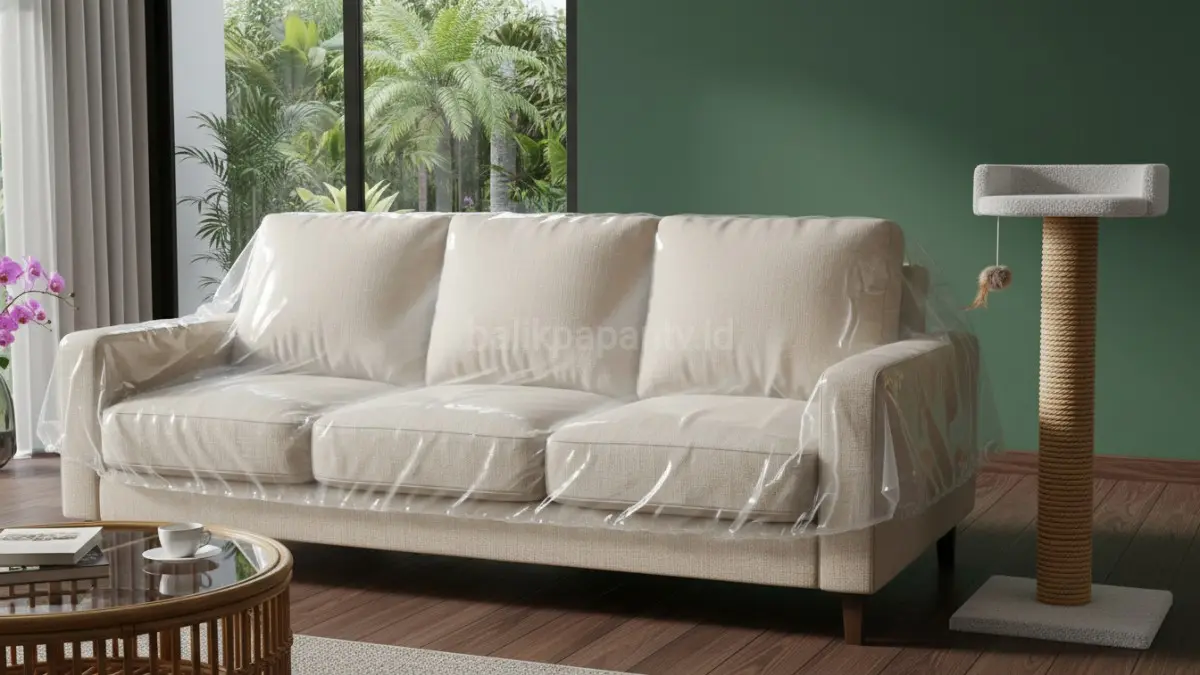 Sofa ruang tamu dilindungi pelindung transparan dengan scratching post samping menjaga furnitur aman dari kucing. (BTV/AI)

