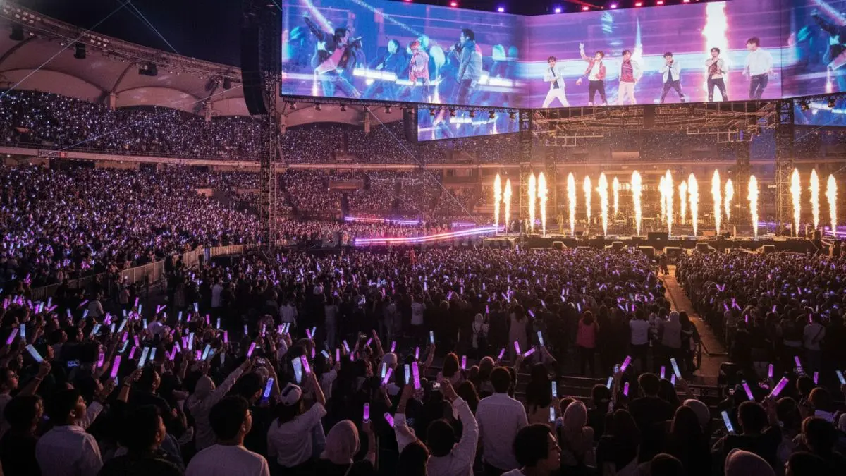 Suasana konser BTS WORLD TOUR ARIRANG di Stadion Utama GBK Jakarta yang ramai dinanti penggemar K-pop.