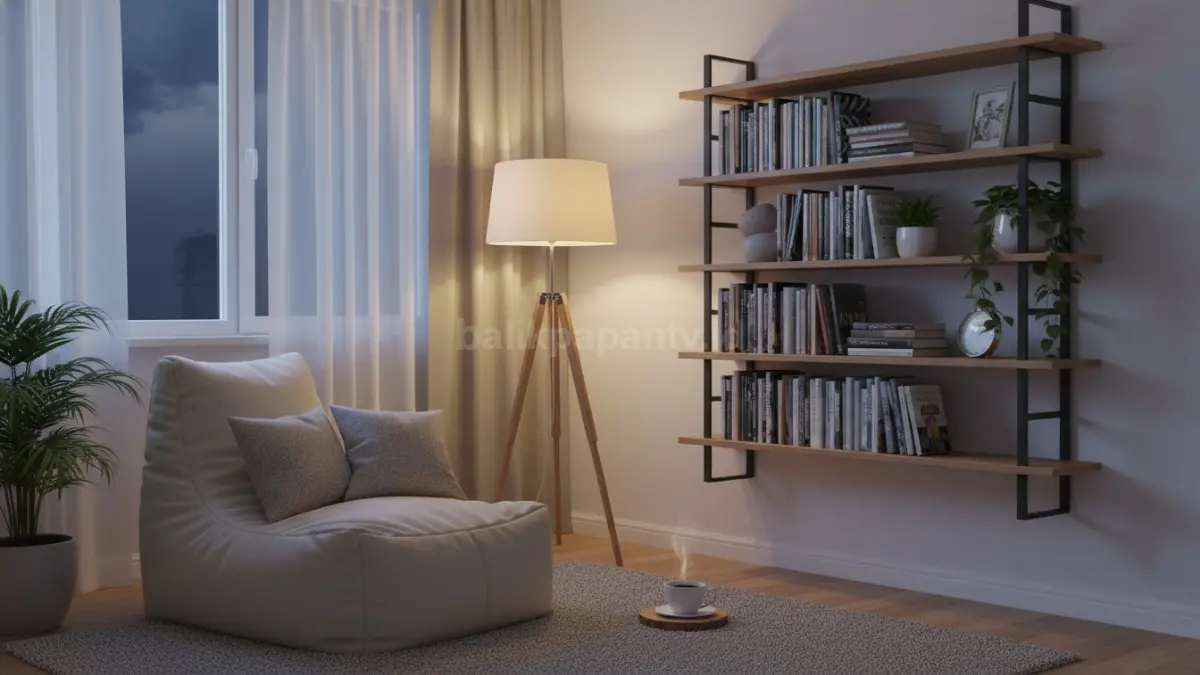Sudut baca cozy dengan bean bag krem, lampu warm light, dan rak buku minimalis modern untuk healing time (BTV/Ai)