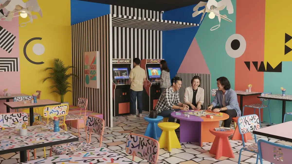 Sudut nongkrong playful ala Pee-wee’s Playhouse dengan dekorasi retro cerah dan unik