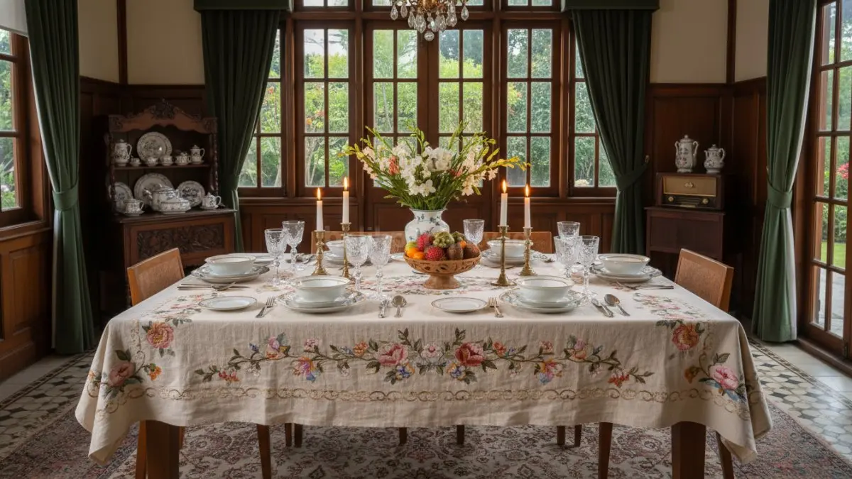 Taplak linen bordir vintage membuat meja makan terasa hangat, hidup, dan nyaman dipandang setiap saat.  (BTV/AI) 
