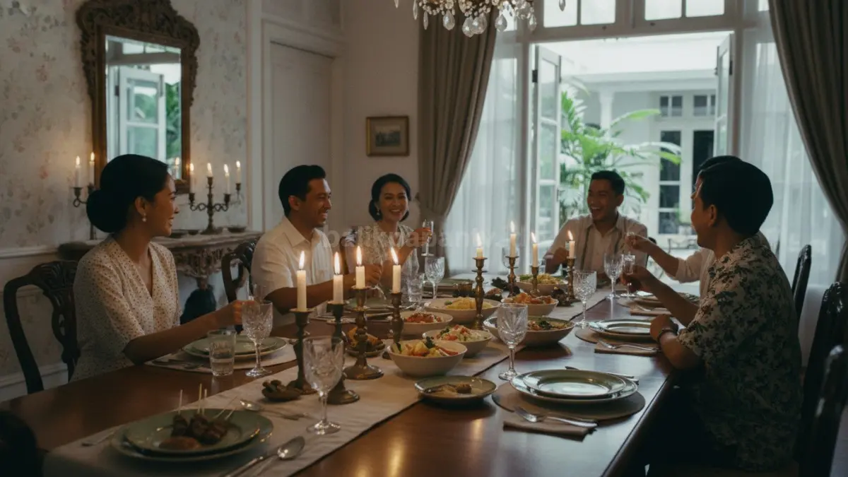 Tempat lilin kuningan membuat meja makan terasa intim, hangat, dan elegan tanpa dekorasi berlebihan.  (BTV/AI) 

